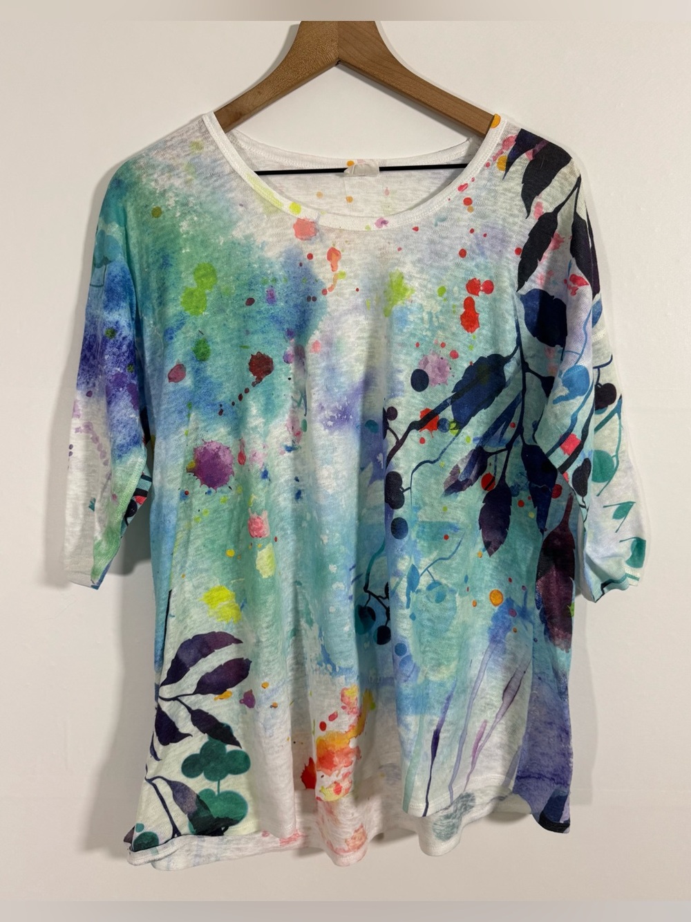 ET’ LOIS Watercolor Stained Long Sleeve Leaf Print Wearable Art Tunic Sz M